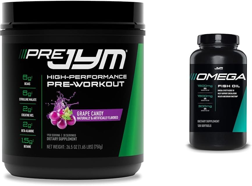 Pre JYM Grape Candy Pre Workout Powder with Omega JYM Fish Oil Soft Gels - 120 Count