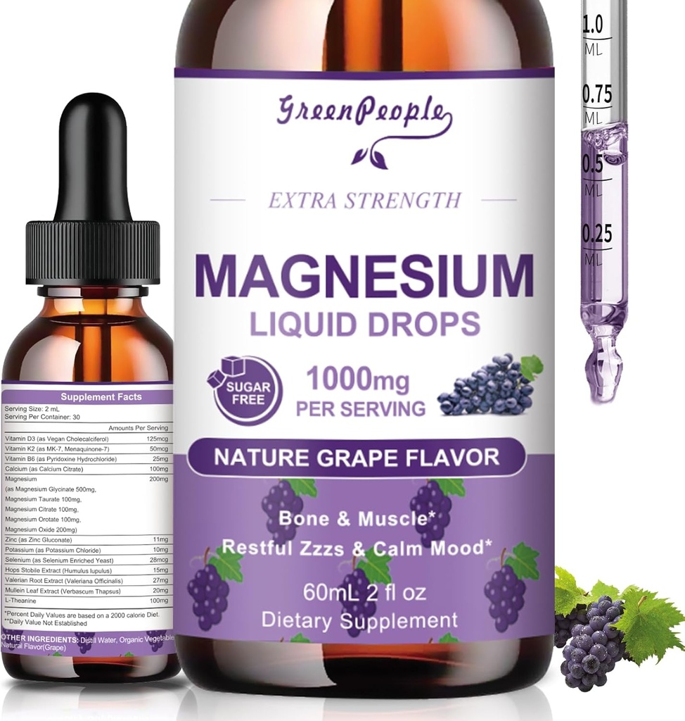 GreenPeople Magnesium Glycinate Liquid Drops - 1000mg 5 Types Liquid Magnesium Complex with D3, K2 & B6 - Bone & Muscle Support - Sugar-Free Grape Flavor - 2fl Oz