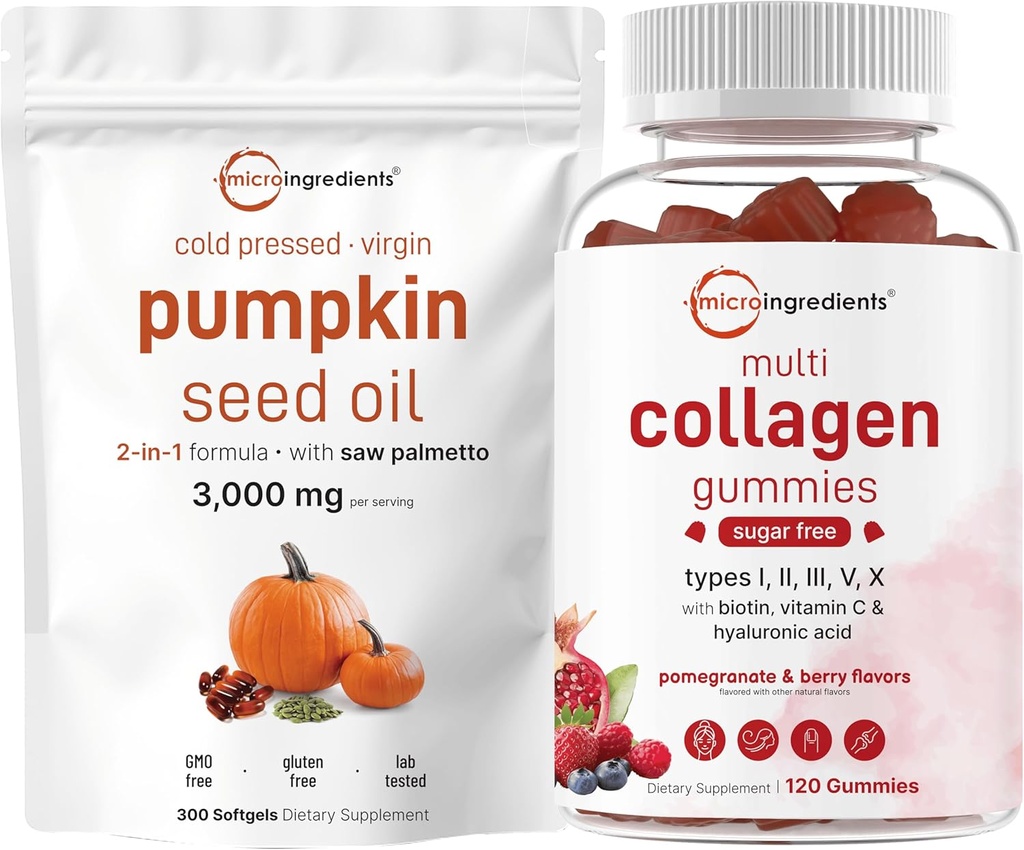 Bundle Pack: Micro Ingredients Pumpkin Seed Oil with Saw Palmetto & Multi Collagen Peptides Gummies - Cold Pressed, Pure Virgin Oil Herbal Supplement - Type I, II, III, V, X Protein