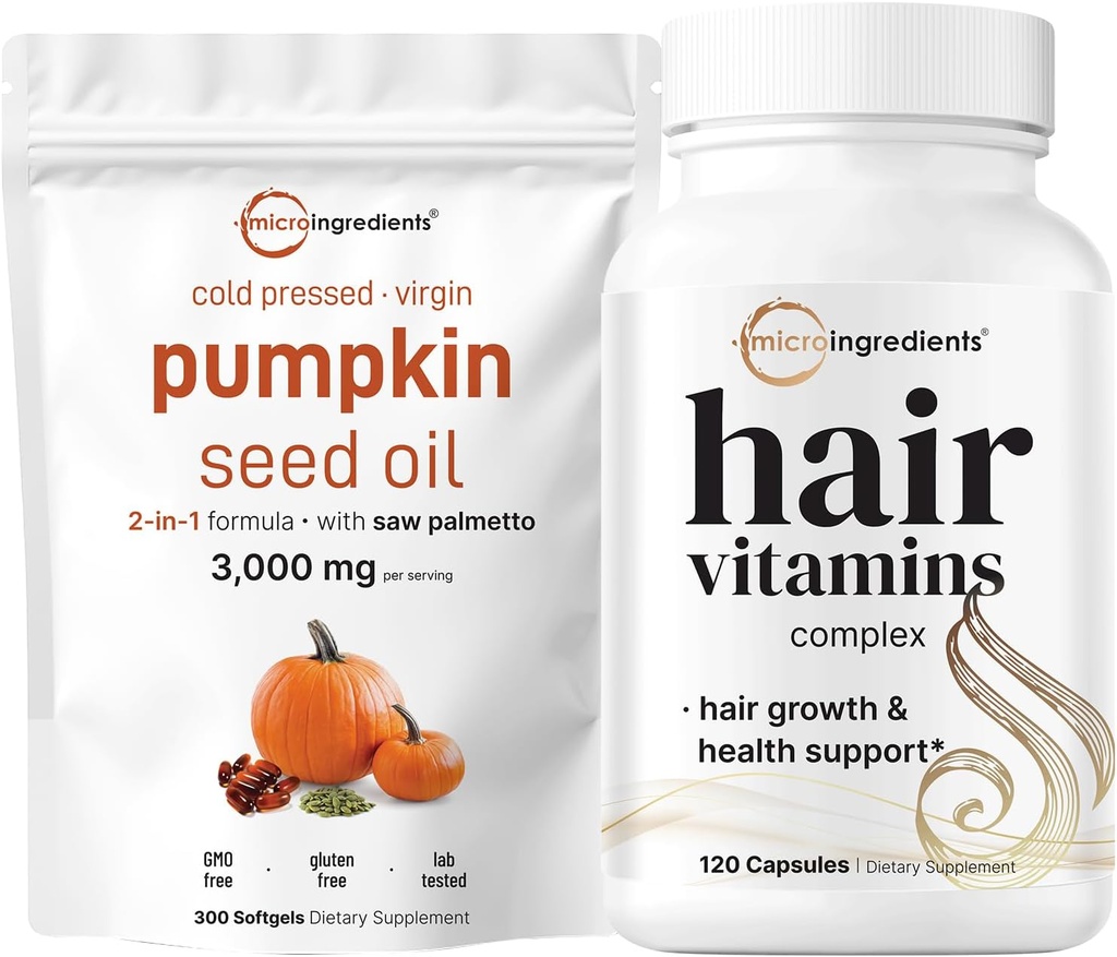 2 Pack Pumpkin Seed Oil & Saw Palmetto Capsules with Hair Vitamins | Cold Pressed Virgin Oil Supplement for Advanced Hair Growth Support