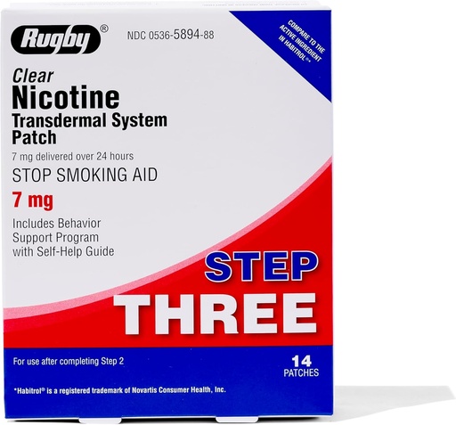 RUGBY LABORATORIES Transdermal Nicotine Patches - Step 3 - 7mg - Quit Smoking or Vaping Aid - 14 Count