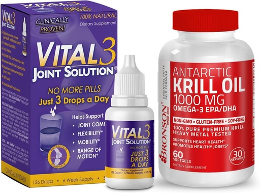 Bronson Vital 3 Joint Solution® Liquid Knee Relief + Antarctic Krill Oil 1000 mg - Omega-3s EPA, DHA for Clinically Proven Joint Support